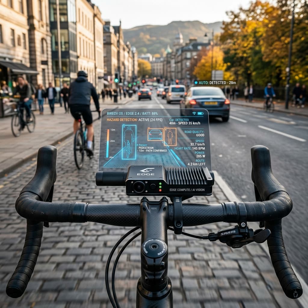 CycleVision edge computing HUD detecting hazards in real-time